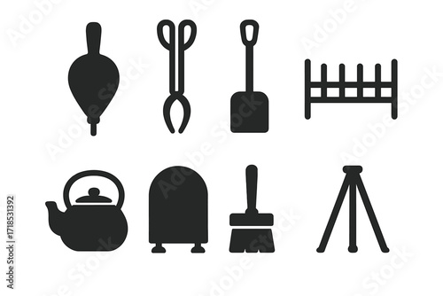 Traditional Hearth Tool Icons. Solid, filled icon set of traditional hearth tools: bellows, fire tongs, shovel, grate, cast iron kettle, fire screen, hearth
