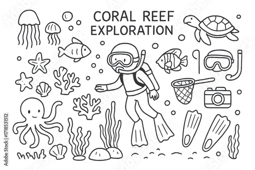 Coral Reef Doodling. Hand-drawn doodle illustration Coral reef exploration [diver, fish, turtle, coral, seaweed, shell, starfish, octopus, jellyfish, bubbles,