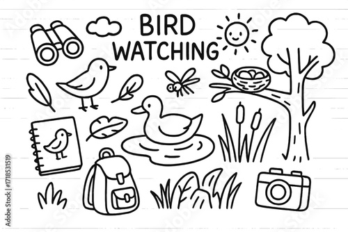 Birdwatching Doodle. Hand-drawn doodle illustration [Bird watching by the pond] [binoculars, bird, duck, notebook, tree, branch, nest, feather, pond, cloud,