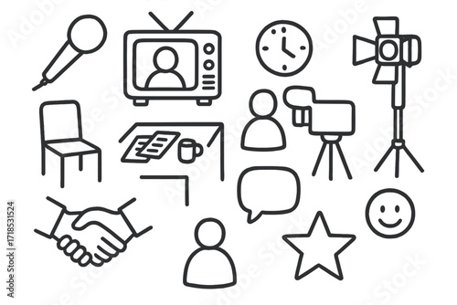 TV Show Doodle. Hand-drawn doodle illustration TV host microphone, TV screen, spotlight, chair, table, papers, coffee mug, clock, guest figure, camera, studio