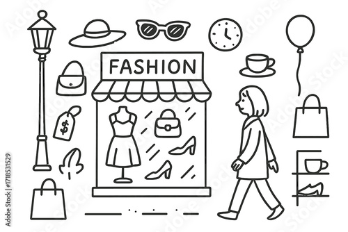 Fashion Storefront Doodles. Hand-drawn doodle illustration Fashion window browsing Dress, shoes, hat, purse, sunglasses, storefront, mannequin, price tag,