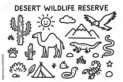 Desert Wildlife Icons. Hand-drawn doodle illustration Desert Wildlife Reserve [camel, cactus, lizard, snake, sun, cloud, mountain, paw print, eagle, rock,