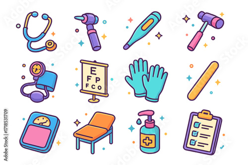 Medical Tool Icons. Colorful isometric vector icons set of physical examination tools: stethoscope, otoscope, thermometer, reflex hammer, blood pressure cuff,