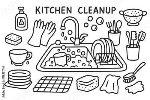 Kitchen Cleanup Doodles. Hand-drawn doodle illustration [kitchen cleanup] [sink, dish rack, sponge, rubber gloves, soap bottle, bubbles, faucet, towel, drying
