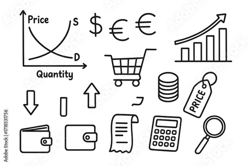 Economic Doodles. Hand-drawn doodle illustration price elasticity demand curve, supply curve, dollar sign, euro sign, bar chart, line graph, shopping cart,