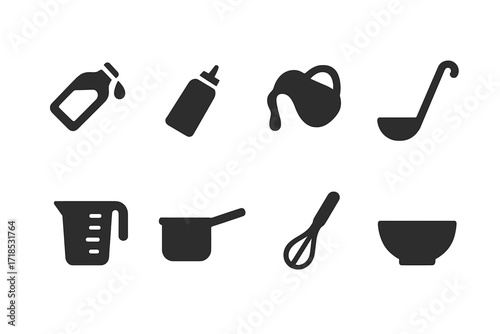 Kitchen Iconography Set. Solid, filled icon set of pour kitchen and cooking: pouring oil, pouring sauce, pouring syrup, ladle, measuring cup, saucepan, whisk,