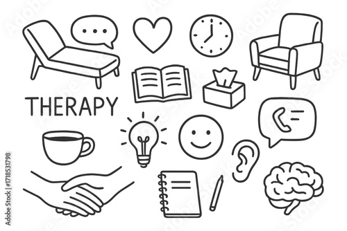 Therapy Symbols Doodle. Hand-drawn doodle illustration [Therapy and emotional support] [therapy couch, talking bubble, heart, clock, book, tissues, therapist