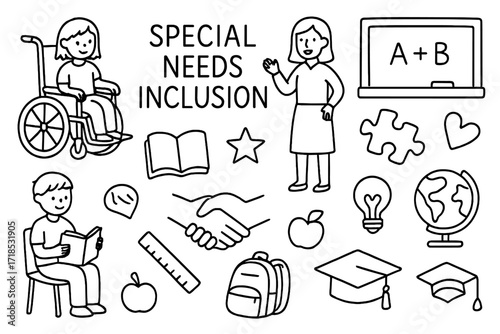 Inclusive Education Icons. Hand-drawn doodle illustration Special needs inclusion [wheelchair, student, teacher, book, chalkboard, puzzle piece, heart,