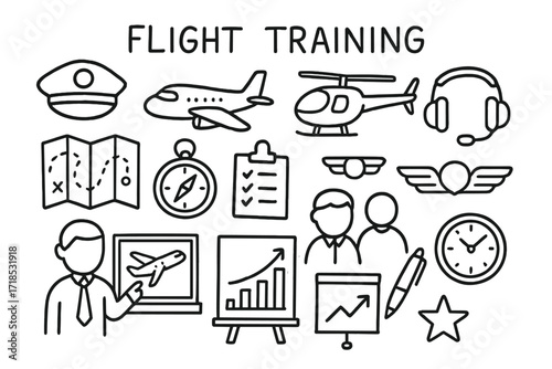 Flight Training Icons. Hand-drawn doodle illustration Flight training [pilot hat, airplane, helicopter, headset, map, compass, checklist, wings