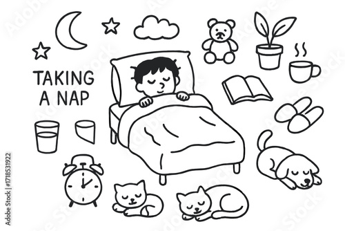 Nap Time Elements. Hand-drawn doodle illustration Taking a nap Bed, Blanket, Pillow, Teddy bear, Book, Glass of water, Alarm clock, Slippers, Cat, Dog, Plant,