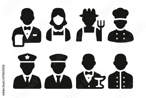 Manor Staff Icons. Solid, filled icon set of manor staff roles: butler, maid, gardener, cook, guard, chauffeur, steward, footman. Solid, filled icons in only