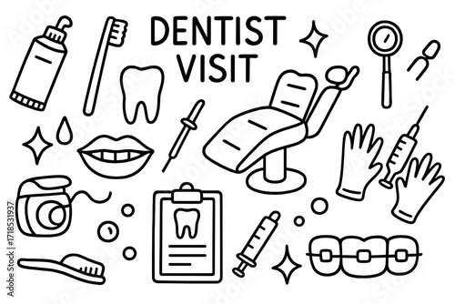 Dental Care Doodles. Hand-drawn doodle illustration Dentist visit toothpaste tube, toothbrush, tooth, dental chair, mirror, floss, water droplet, star sparkle,