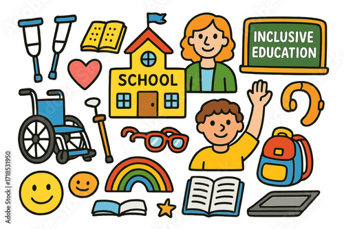 Inclusive Education Doodles. Colorful Hand-drawn doodle Children illustration Inclusive education [school building, wheelchair, crutches, braille book,