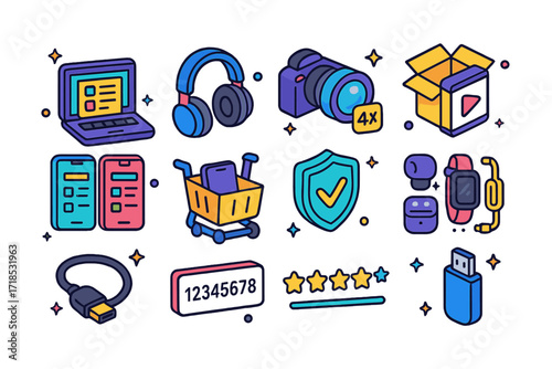 Electronics Shopping Icons. Colorful isometric vector icons set of electronics and gadgets online shopping: laptop with specs popup, headphones icon, camera