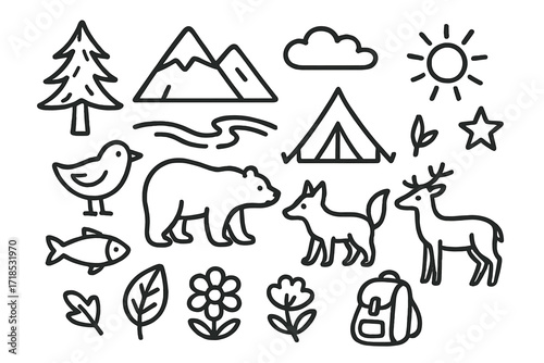 Northern Nature Doodles. Hand-drawn doodle illustration Northern Hemisphere nature pine tree, mountain, river, bird, bear, fox, deer, cloud, sun, star, tent,