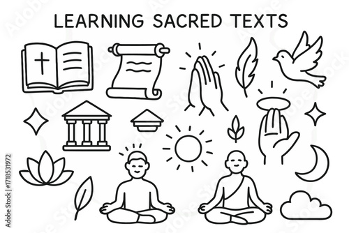 Sacred Text Symbols. Hand-drawn doodle illustration [Learning sacred texts] [open book, scroll, quill, candle, temple, hands in prayer, halo, star, dove, lotus