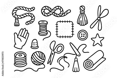 Knot Craft Icons. Hand-drawn doodle illustration Rope and knot weaving [rope, knot, tassel, thread, spool, yarn ball, scissors, thimble, fabric roll,