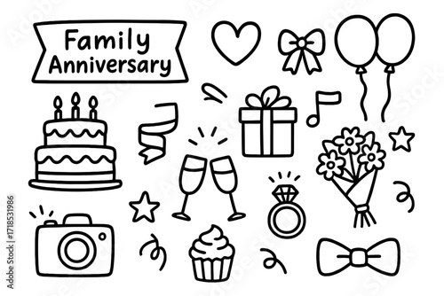 Anniversary Celebration Icons. Hand-drawn doodle illustration organizing family anniversary cake, heart, ribbon, gift box, champagne glasses, bouquet, star,