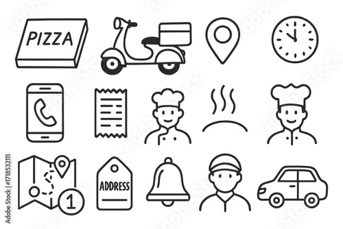 Pizza Delivery Icons. Hand-drawn doodle illustration Pizza delivery [pizza box, scooter, delivery bag, location pin, clock, phone, receipt, chef icon, hot