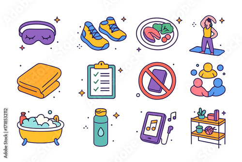 Anxiety Self-Care Icons. Colorful isometric vector icons set of anxiety self-care practices: sleep mask, walking trail shoes, meal with veggies, stretching