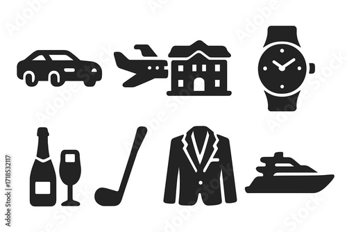 Luxury Lifestyle Icons. Solid, filled icon set of executive lifestyle: luxury car, private jet, mansion, watch, champagne, golf club, designer suit, yacht.