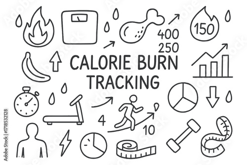 Calorie Burn Doodle Icons. Hand-drawn doodle illustration Calorie Burn Tracking flames, numbers, food icons, scales, treadmills, measuring tape, dumbbells,