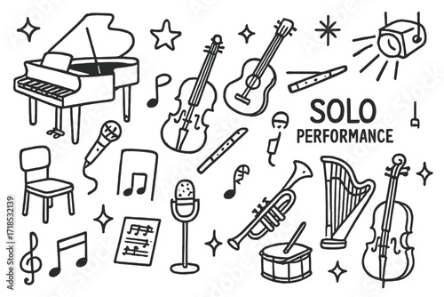 Solo Performance Instruments. Hand-drawn doodle illustration Solo Performance [piano, violin, guitar, flute, microphone, spotlight, music note, star, sparkle,