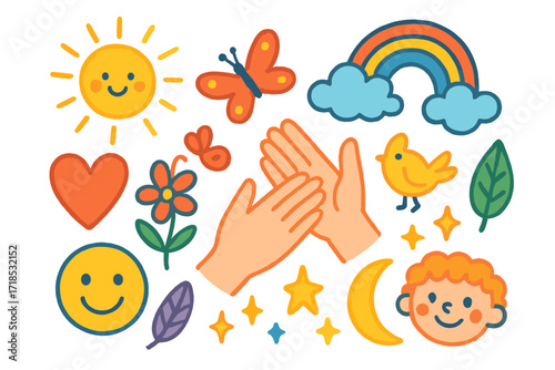 Joyful Doodle Compilation. Colorful Hand-drawn doodle Children illustration Gentle Touch hands, heart, flower, butterfly, bird, rainbow, sun, cloud, sparkles,