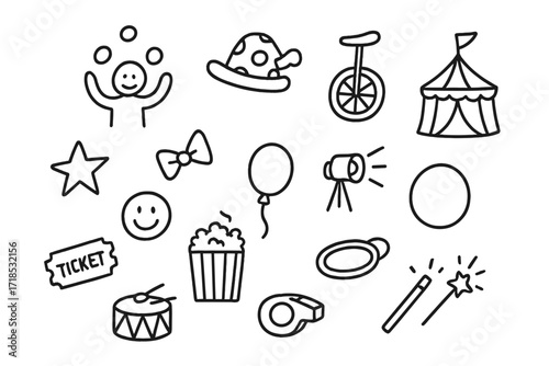 Circus Icon Doodles. Hand-drawn doodle illustration Juggling balls three juggling balls, clown hat, unicycle, circus tent, star, smiley face, bow tie, balloon,
