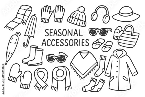 Hand-drawn Seasonal Accessories. Hand-drawn doodle illustration Seasonal accessories [scarf, gloves, beanie, earmuffs, umbrella, rain boots, sunglasses,