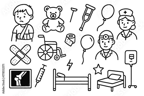 Children's Fracture Icons. Hand-drawn doodle illustration children?s fracture broken bone, teddy bear, crutch, wheelchair, nurse, doctor, plaster, bandage,