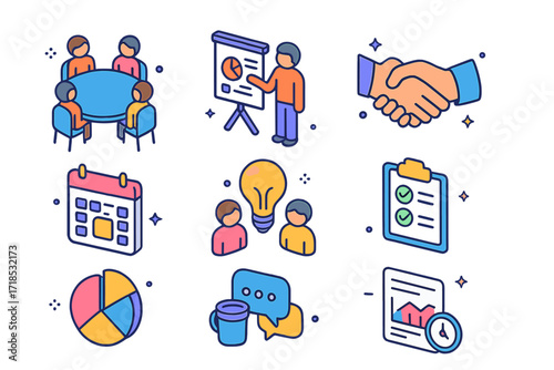 Corporate Icons Isometric Set. Colorful isometric vector icons set of Corporate meetings and teamwork: roundtable discussion, presentation board, video call