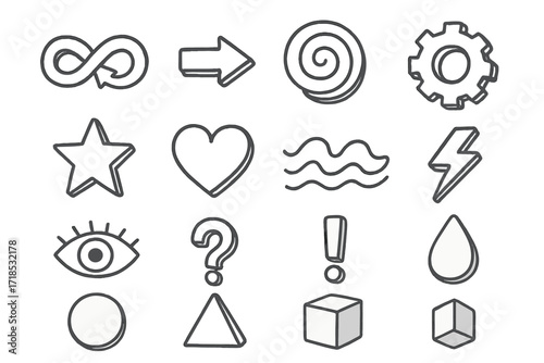 Abstract Doodle Icons. Hand-drawn doodle illustration Flat + 3D hybrid style abstract concepts [infinity symbol, arrows, spiral, gear, star, heart, wave,