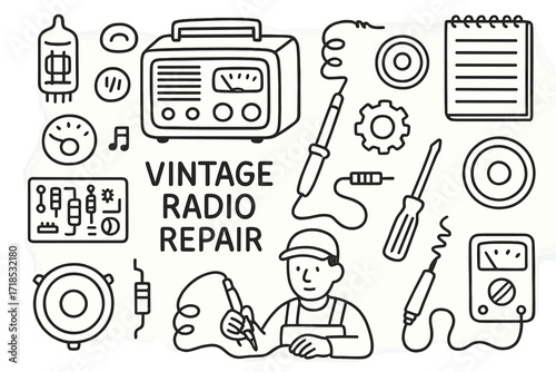 Vintage Radio Repair Doodle. Hand-drawn doodle illustration Vintage radio repair old radio, tube, knob, dial, circuit board, soldering iron, screwdriver,