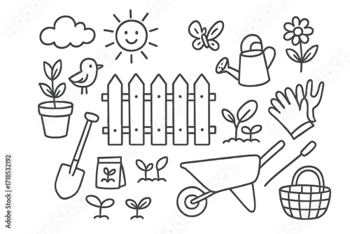Backyard Garden Doodle. Hand-drawn doodle illustration backyard gardening fence, potted plant, watering can, shovel, rake, gloves, wheelbarrow, sun, cloud,