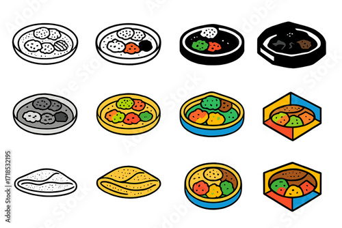 Ethiopian Injera Logo Set. Set Logo of Food culture and traditions: Ethiopian injera platter. Logo set in vector style, emblematic variations. line, bold thick