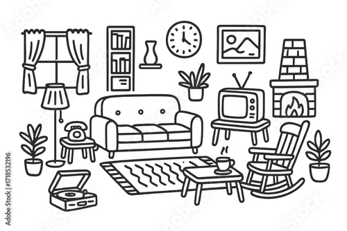 Cozy Retro Family Room. Hand-drawn doodle illustration Retro cozy family room [sofa, rocking chair, TV with antenna, fireplace, bookshelf, rug, clock, framed