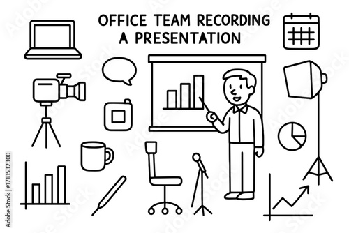 Office Video Presentation Setup. Hand-drawn doodle illustration Office team recording a presentation video camera, tripod, laptop, bar chart, speech bubble,