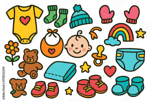 Colorful Baby Doodle. Colorful Hand-drawn doodle Children illustration Baby Clothes [onesie, socks, hat, bib, mittens, shoes, blanket, teddy bear, flower,