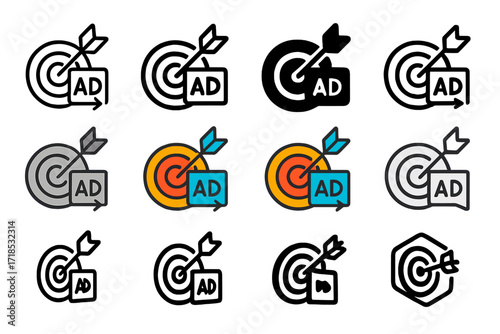 Bullseye Logo Grid. Set Logo of Digital Marketing: Targeted Ad Bullseye. Logo set in vector style, emblematic variations. line, bold thick line, solid black