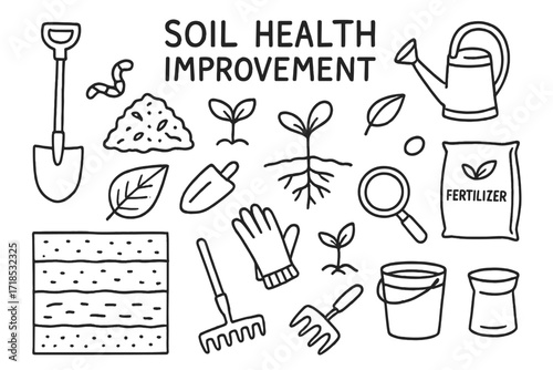 Garden Tools Doodle. Hand-drawn doodle illustration [soil health improvement] [shovel, compost pile, worm, plant seedling, watering can, fertilizer bag, leaf,