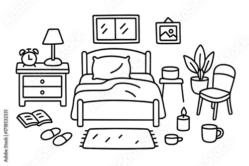 Cozy Bedroom Doodle. Hand-drawn doodle illustration Bedroom [bed, pillow, blanket, lamp, nightstand, clock, slippers, rug, chair, plant, window, book, mug,