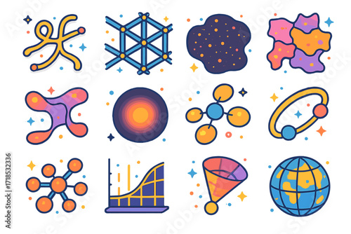 Intergalactic Structure Icons. Colorful isometric vector icons set of Intergalactic structures: galaxy filament strand, cosmic web grid, void zone,