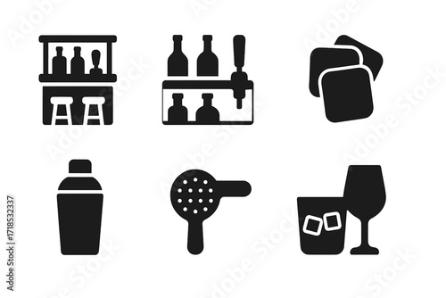 Whiskey Bar Icons. Solid, filled icon set of whiskey bar elements: bar counter, bottle rack, tap handle, coasters, cocktail shaker, strainer, ice bucket,
