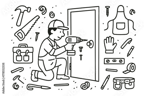 Carpenter's Toolbox Doodle. Hand-drawn doodle illustration Carpenter fixing a door carpenter icon, door, hinge, drill, screw, hammer, saw, wood shavings,