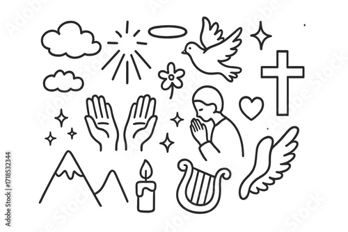 Heavenly Doodle Art. Hand-drawn doodle illustration Miracle light [clouds, rays, halo, dove, star, flower, open hands, praying figure, cross, heart, sparkles,