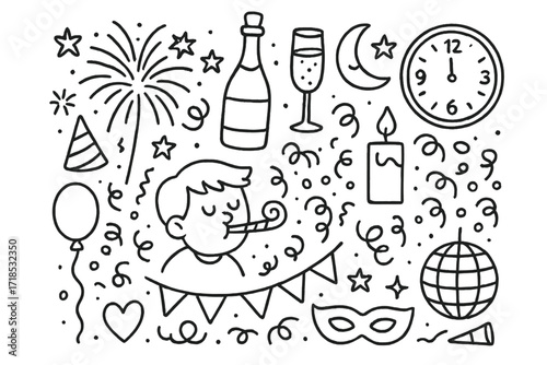 Midnight Celebration Icons. Hand-drawn doodle illustration Midnight celebration fireworks, champagne glass, bottle, star, moon, clock, candle, balloon,