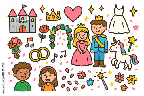 Fairy Tale Wedding. Colorful Hand-drawn doodle Children illustration Fairy tale wedding castle, tiara, heart, wedding gown, bouquet, prince, princess, rings,