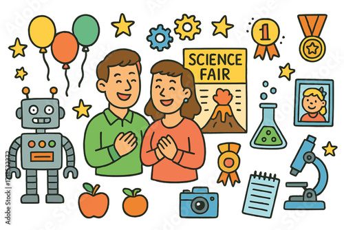 Science Fair Celebration. Colorful Hand-drawn doodle Children illustration Parents celebrating science fair robot, volcano project, test tubes, microscope,