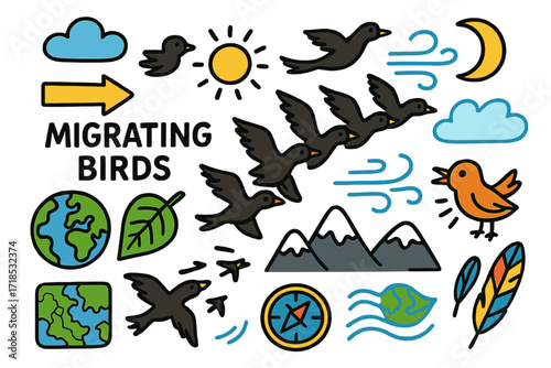 Bird Migration Symbols. Colorful Hand-drawn doodle Children illustration Migrating Birds bird flock, arrow sign, globe, leaf, cloud, mountain, feather, sky,